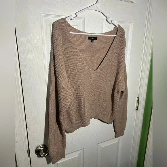 Lulus Taupe Knit Sweater. Size Large. Deep V-Neck. - Picture 2 of 6
